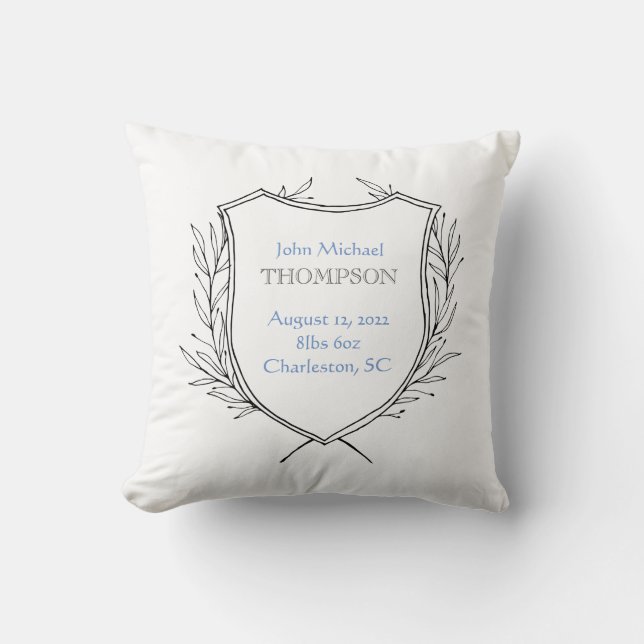 Birth Announcement Nursery Decor Baby Boy Blue Throw Pillow (Front)