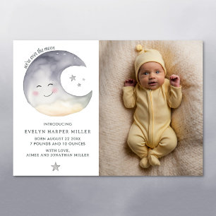 Birth Announcement Over The Moon Watercolor Card