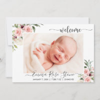 Birth Announcement Photo Card Pink Roses