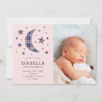 Birth Announcement Photo Card | Plaid Moon Stars