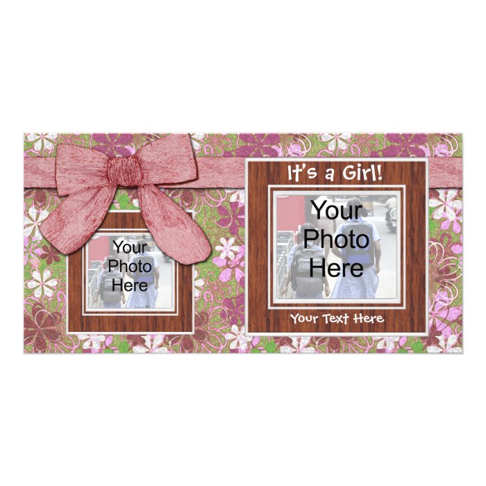 announcement pretty pink and green bow girl baby birth announcement