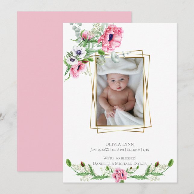 Birth Announcement | Pink Watercolor Poppies (Front/Back)