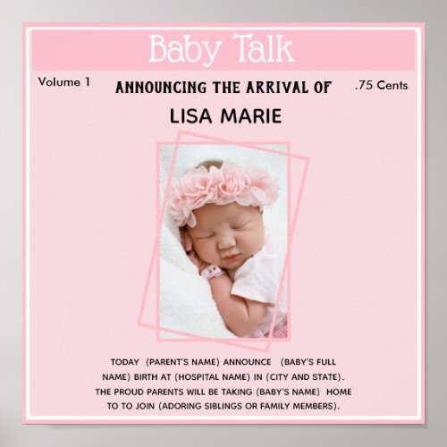 Birth Announcement Poster Baby Girl