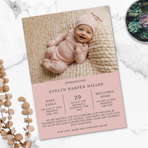 Birth Announcement Preemie NICU Modern Pink Card