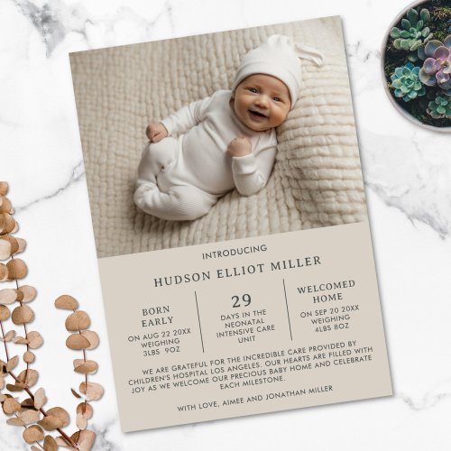 Birth Announcement Preemie NICU Modern Taupe Card