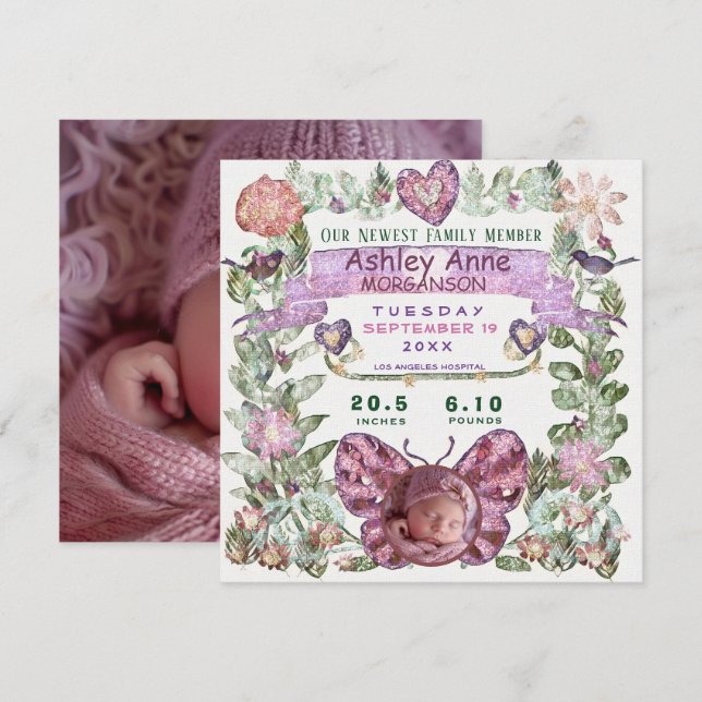 Birth Announcement Pretty Watercolor Butterfly (Front/Back)