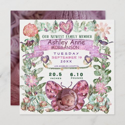 Birth Announcement Pretty Watercolor Butterfly