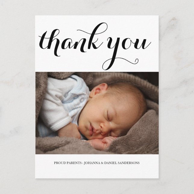 Birth Announcement Thank You Modern Script Photo Postcard (Front)