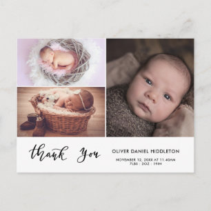 Birth Announcement Thank You Modern Three Photo Postcard