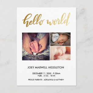 Birth Announcement Three Photos Hello World Postcard