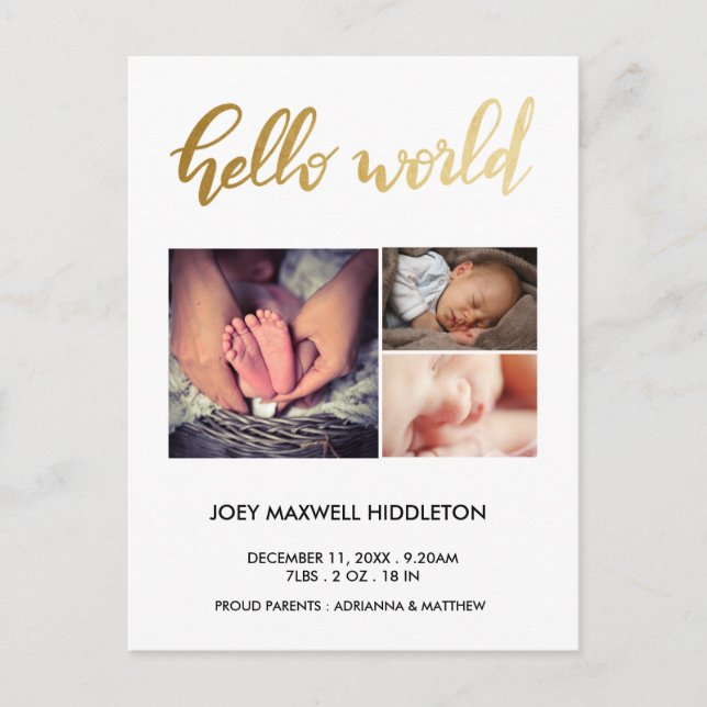 Birth Announcement Three Photos Hello World Postcard (Front)
