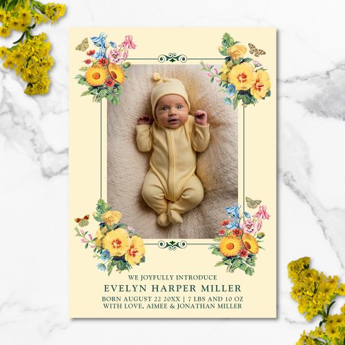 Birth Announcement Vintage Flowers Yellow Card