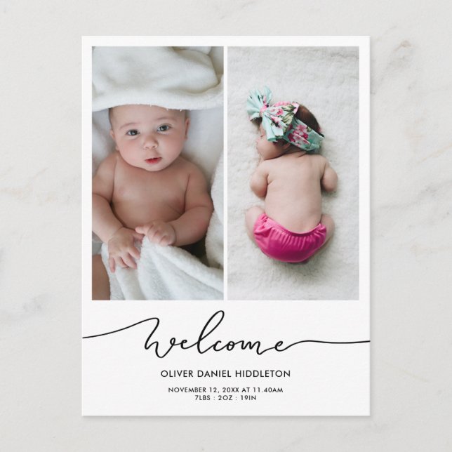 Birth Announcement Welcome Modern Script Photo Postcard (Front)
