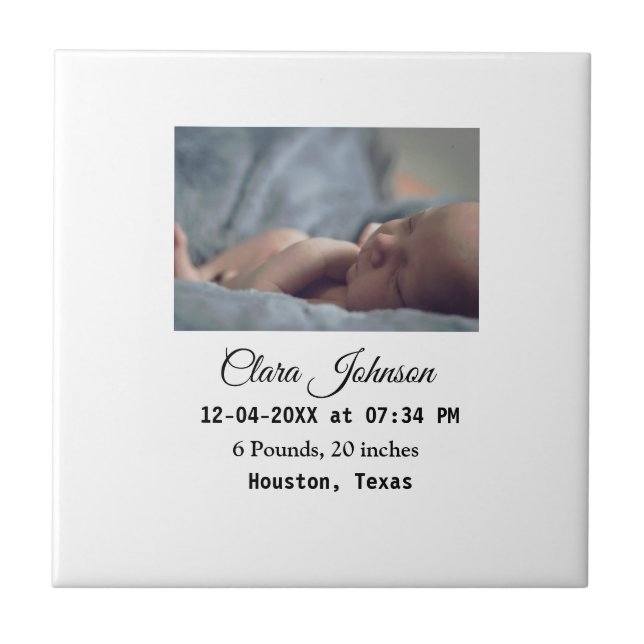 Birth announcements add photo date time place deta ceramic tile (Front)