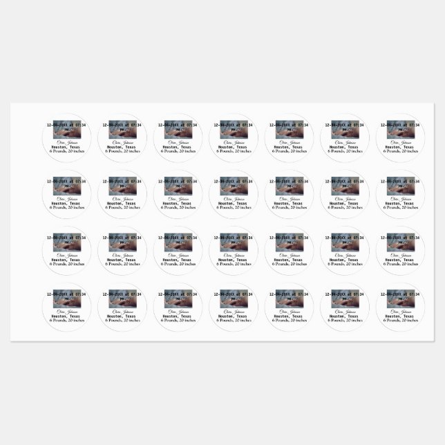 Birth announcements add photo date time place deta labels (Sheet)