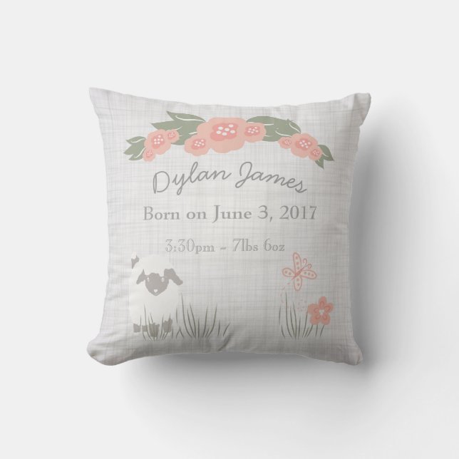 Birth Baby Pillow Lamb Boy Girl Nursery (Front)