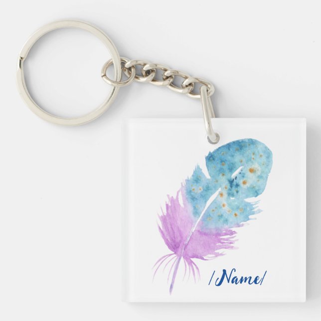 Birth Blue violet feather Holiday gift Keychain (Front)