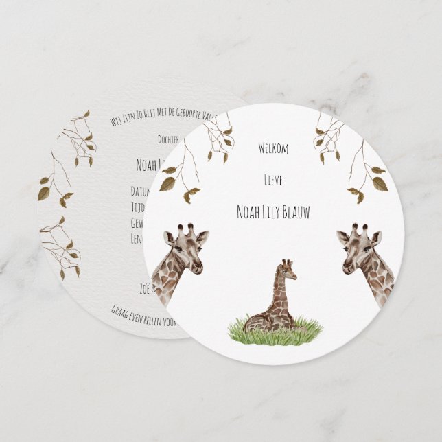Birth card (round) - Giraf (Front/Back)