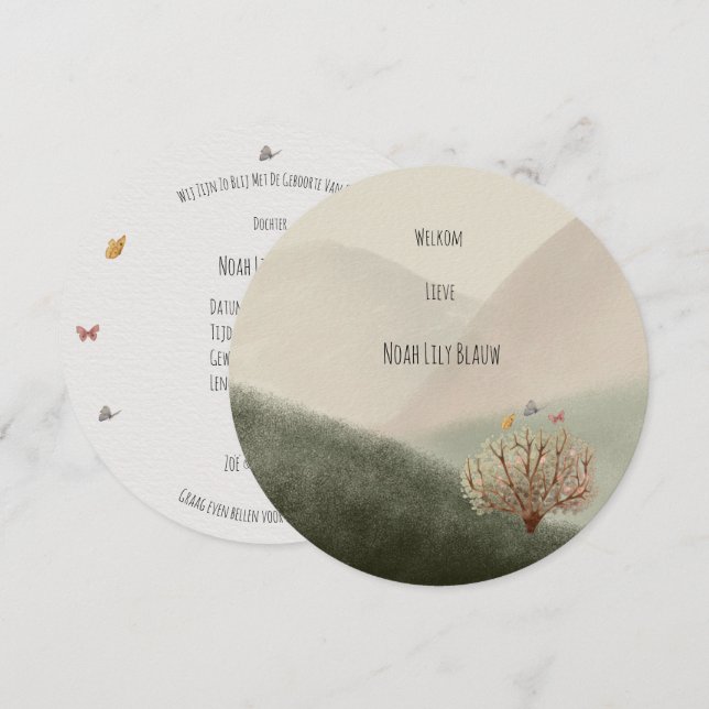 Birth Card (round) - Hills and Butterflies (Front/Back)