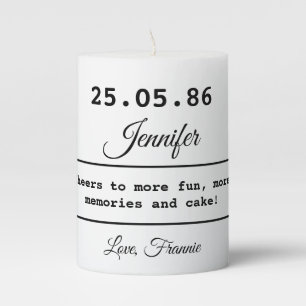 Birth Date Name Script Black White Chic Birthday Pillar Candle