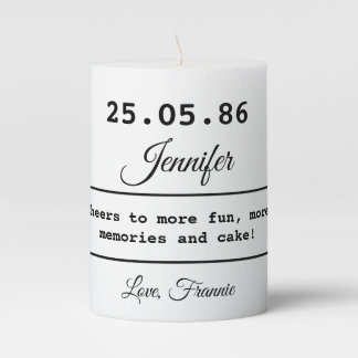 Birth Date Name Script Black White Chic Birthday Pillar Candle