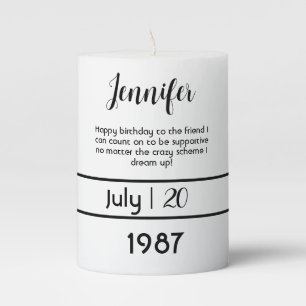 Birth Date Name Script Black White Chic Birthday Pillar Candle