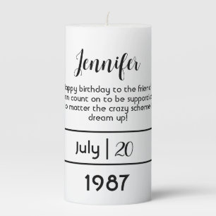 Birth Date Name Script Black White Chic Birthday Pillar Candle