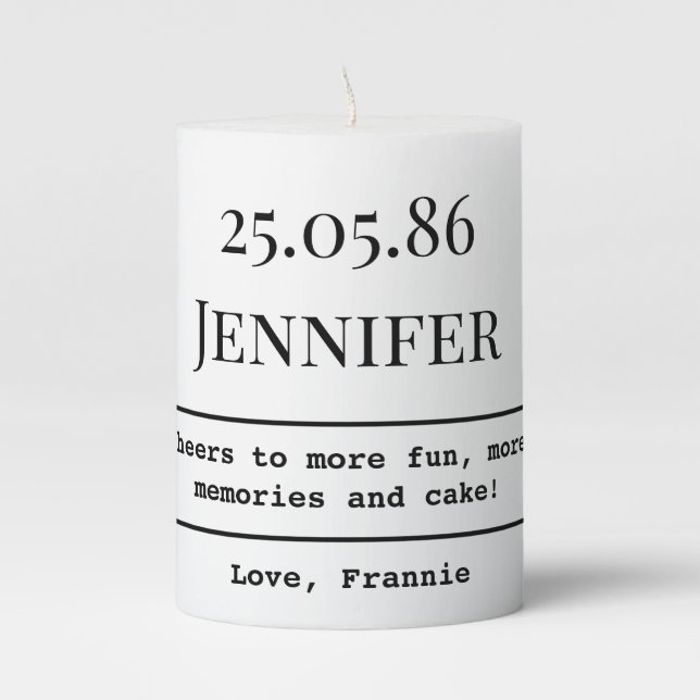 Birth Date Name Typography Black White Birthday Pillar Candle (Front)