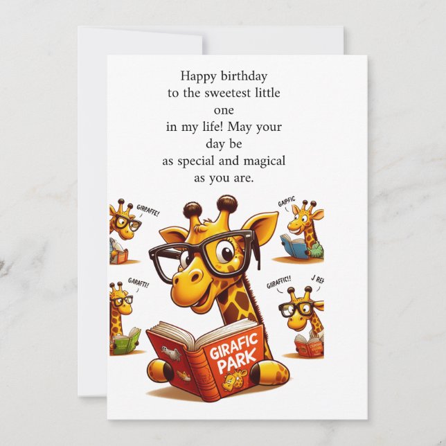 birth day wishes card with girafee reading book (Front)