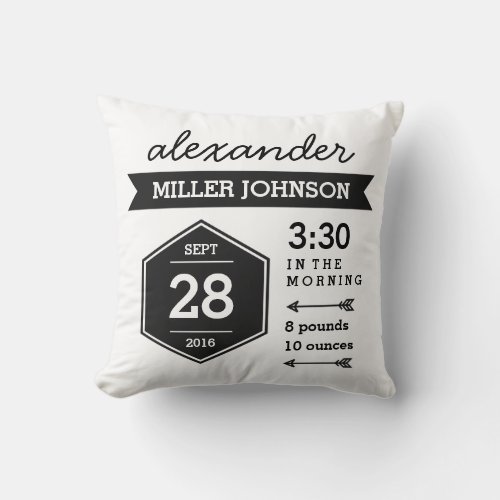 Birth Details Black White Pillow _ Monochrome Art