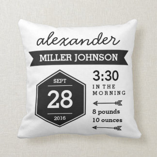 Birth Details Black White Pillow - Monochrome Art