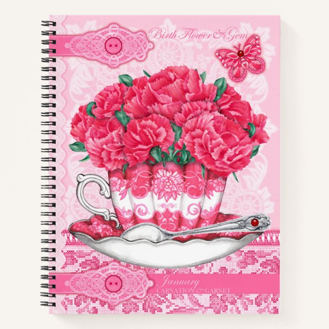 Birth Flower and Gem January Lace Lrge Notebook (Front)