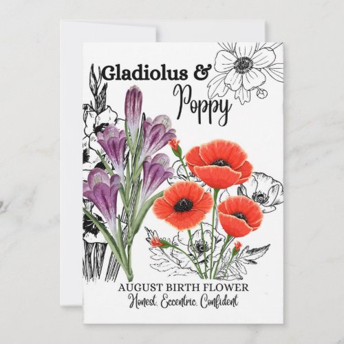 Birth Flower August Gladiolus Poppy Birthday Holiday Card