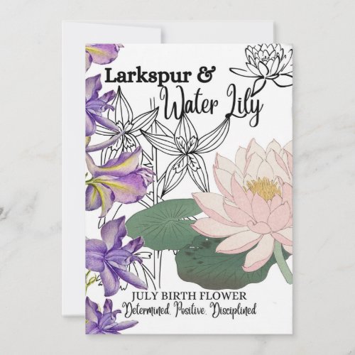 Birth Flower July Larkspur Water Lily Birthday Holiday Card