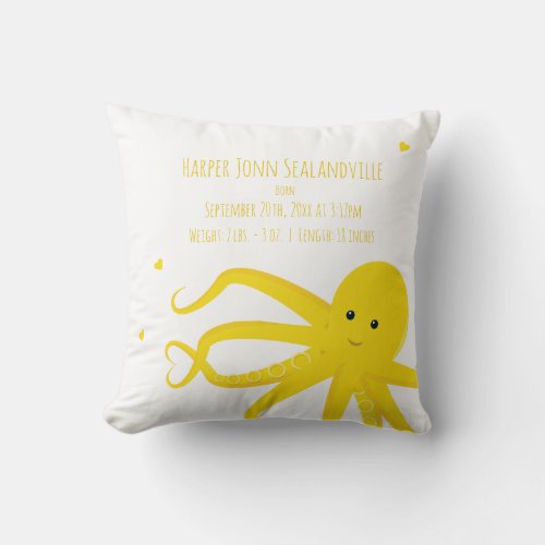 Birth Info Yellow Octopus Heart Cute Throw Pillow