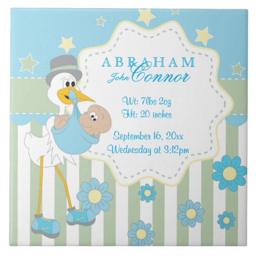 Birth Information _ Blue Baby Boy Stork Ceramic Tile
