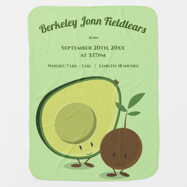 Birth Information Name Avocado and Pit Cartoon Baby Blanket (Front)