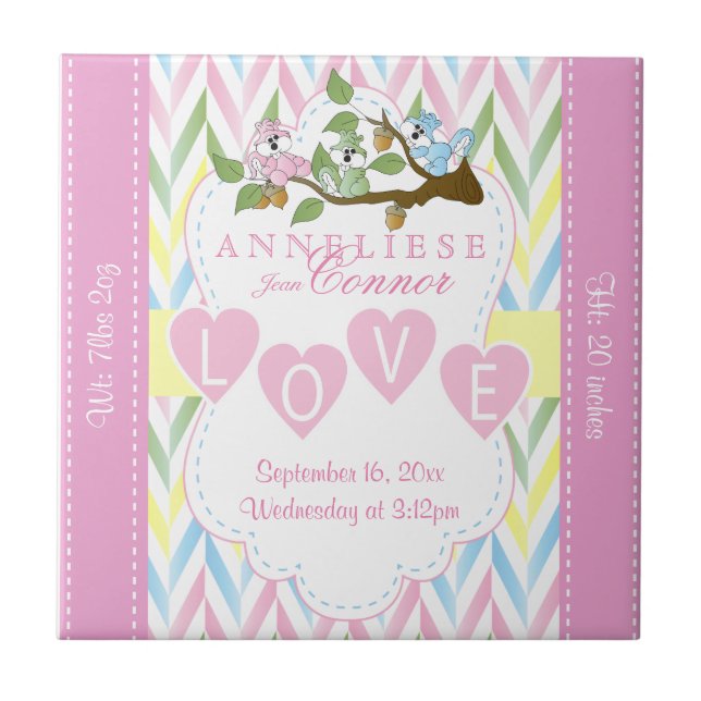 Birth Information - Pastel Baby Squirrels Ceramic Tile (Front)