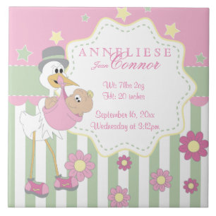 Birth Information - Pink Baby Girl Stork Ceramic Tile