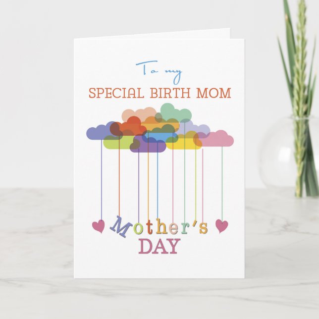 Birth Mom, Cute Mother's Day Rainbow Clouds Hearts Card (Front)