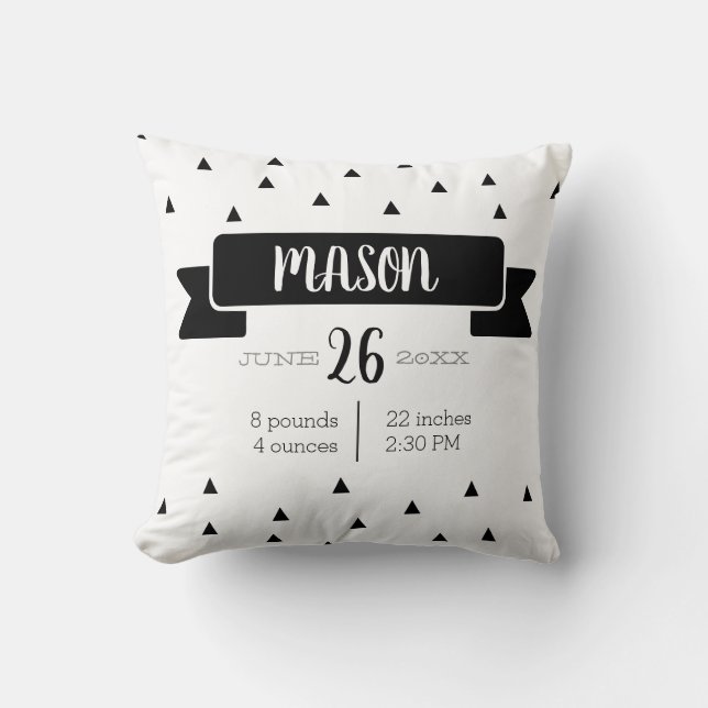 Birth Monochrome modern baby stat announcement Throw Pillow (Front)