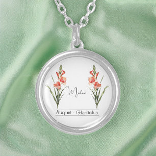 Birth Month Flower August Gladiolus Silver Plated Necklace