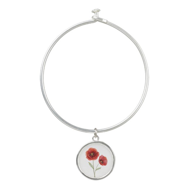 Birth Month Flower August Red Poppy Bangle Bracelet (Front)