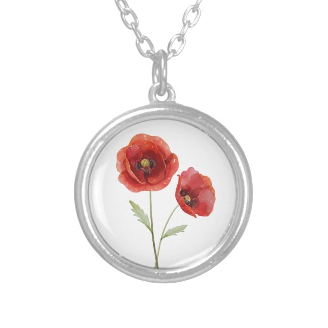 Birth Month Flower August Red Poppy Silver Plated Necklace (Front)