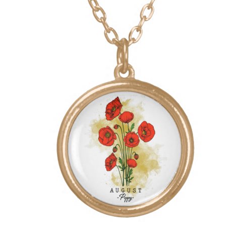 Birth Month Flower Born in August Poppy Flowers Gold Plated Necklace