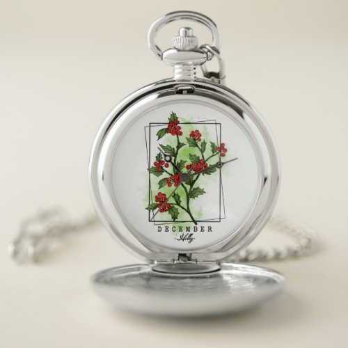 Birth Month Flower Born in December Holly Winter Pocket Watch