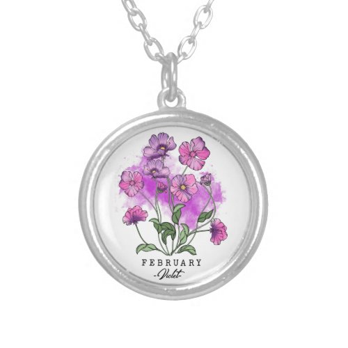 Birth Month Flower Born in February Violet Flowers Silver Plated Necklace