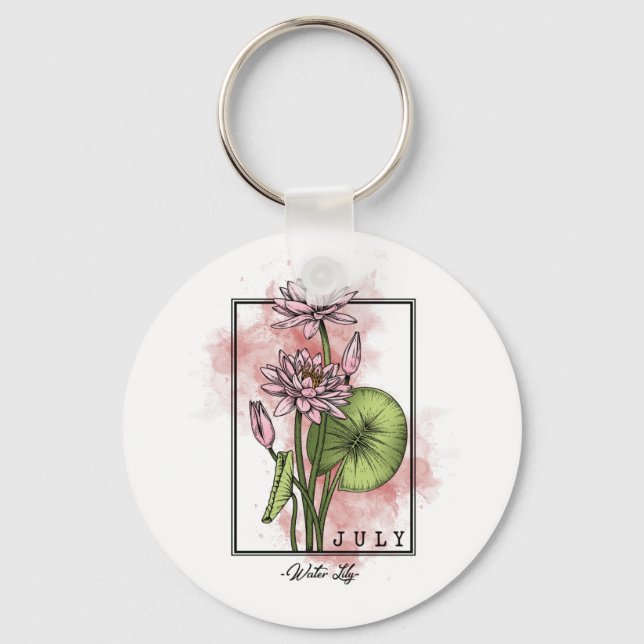 Birth Month Flower Born in July Water Lily Flowers Keychain (Front)