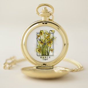 Birth Month Flower Born in March Daffodil Flowers Pocket Watch