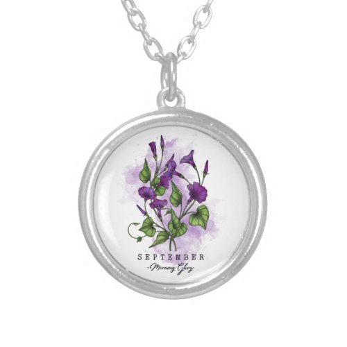 Birth Month Flower Born in September Morning Glory Silver Plated Necklace